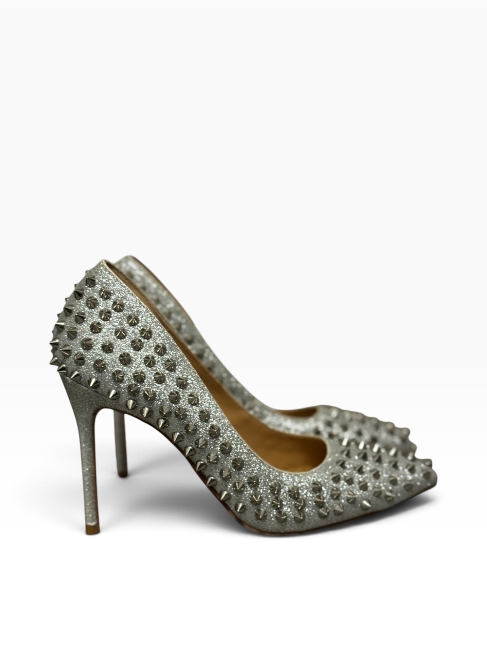 CHRISTIAN LOUBOUTIN Women’s Silver Glitter Spiked Pointed Tip Heel Pumps - 8 US